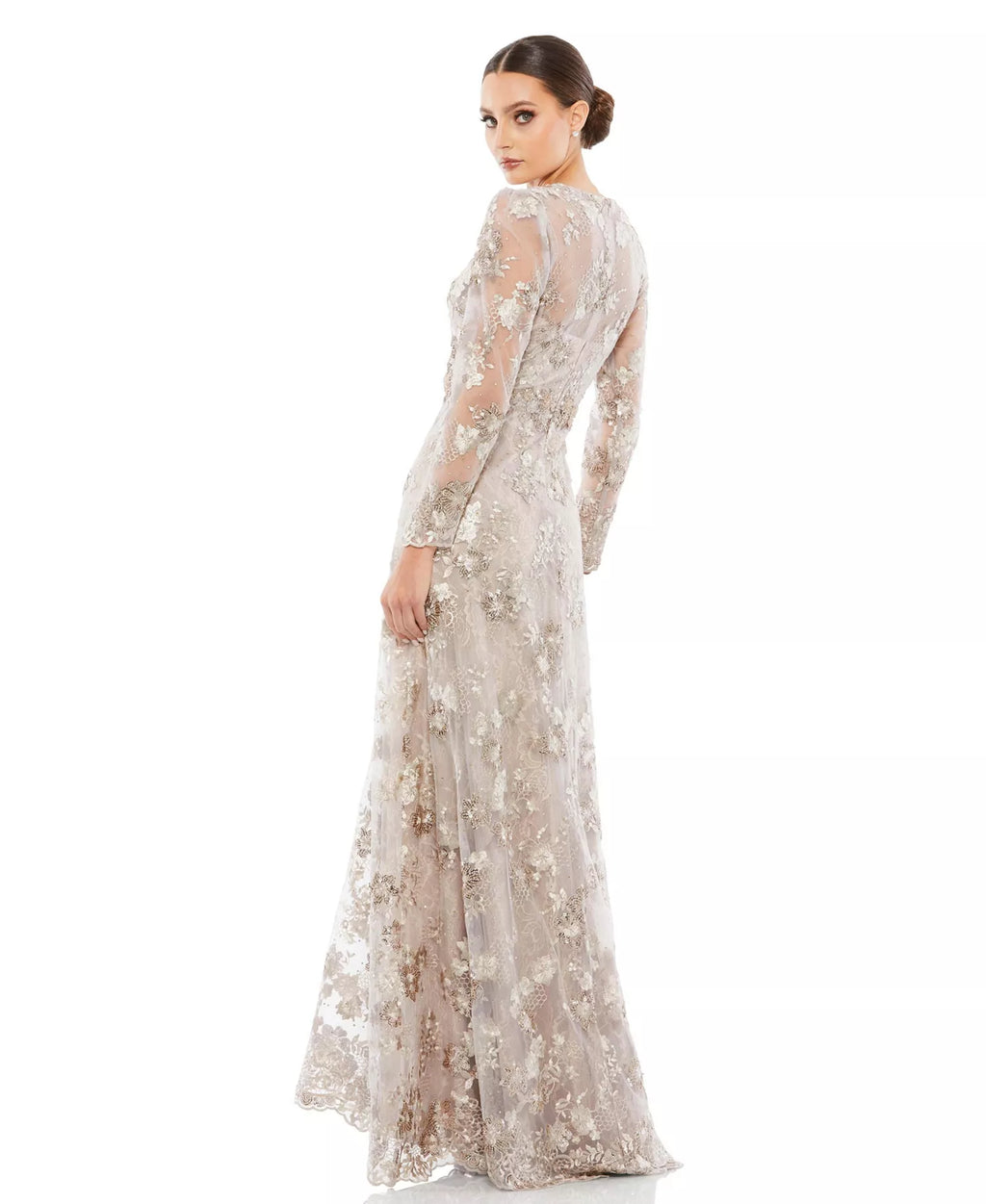 Women's Floral Embroidered Illusion Long Sleeve Evening Gown