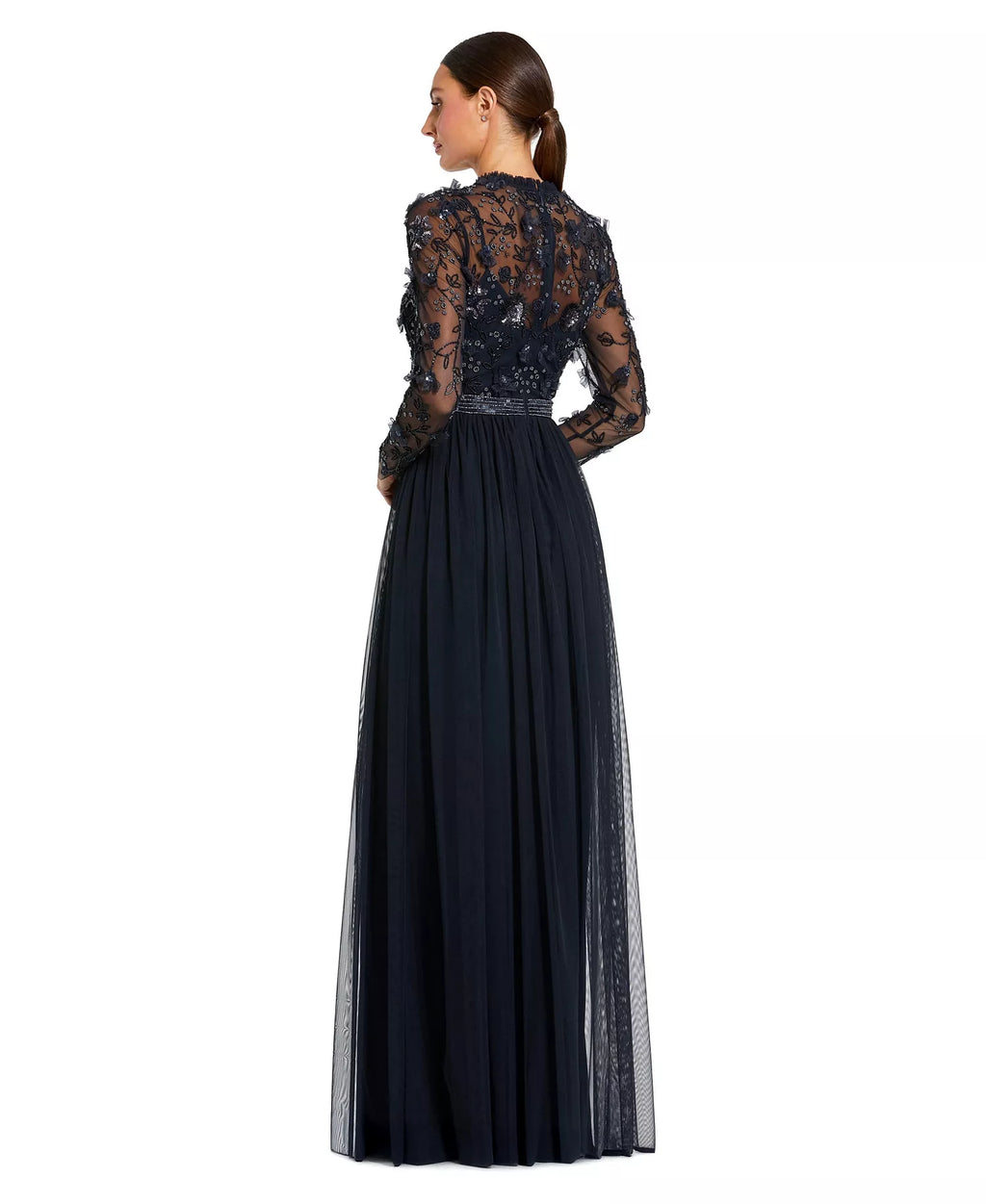 Women's Embellished Illusion High Neck Long Sleeve Gown