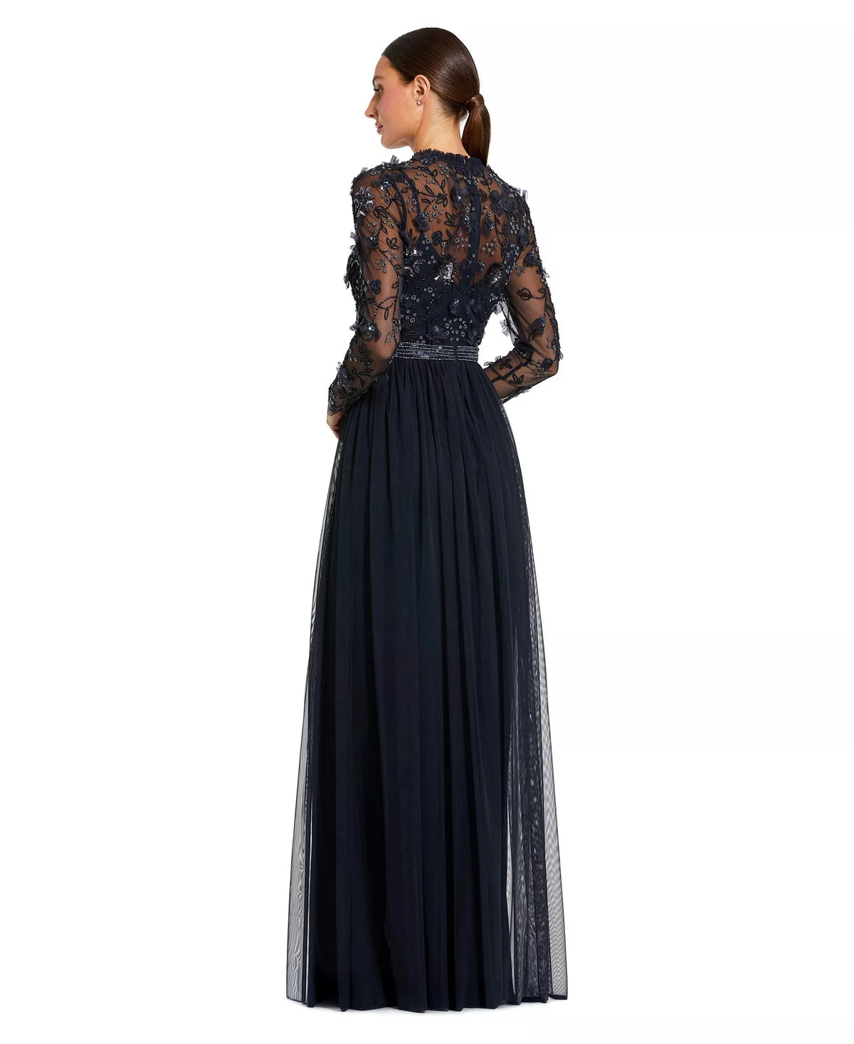 Women's Embellished Illusion High Neck Long Sleeve Gown