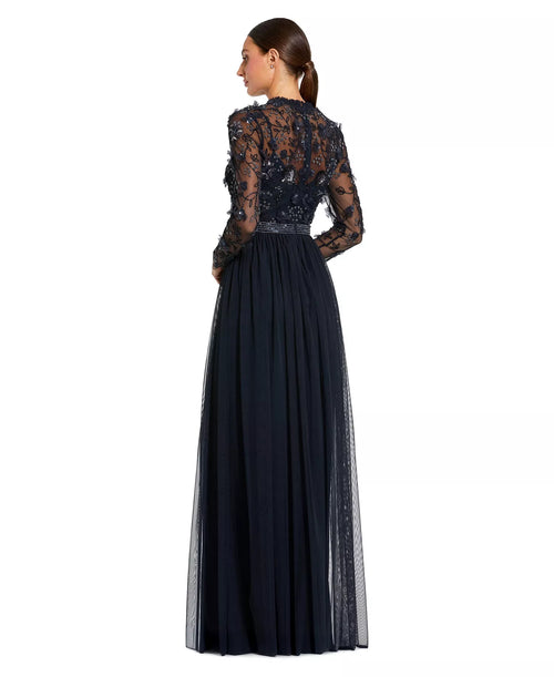 Women's Embellished Illusion High Neck Long Sleeve Gown
