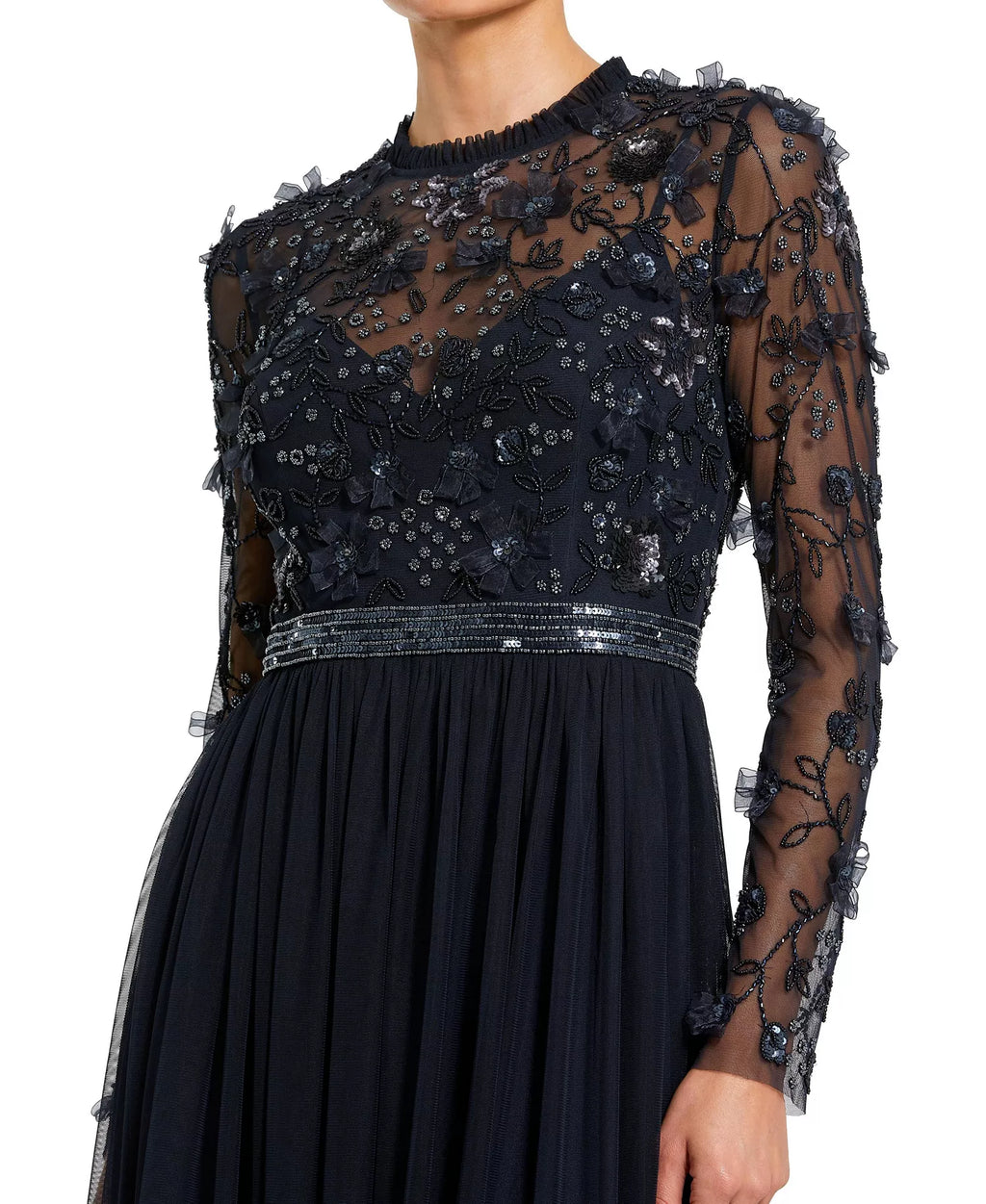 Women's Embellished Illusion High Neck Long Sleeve Gown